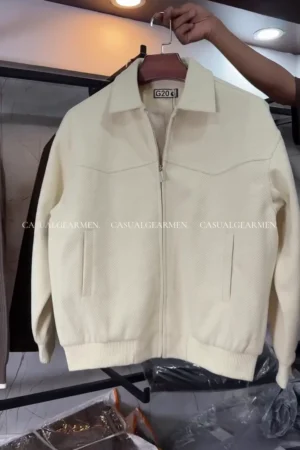 Men’s Cream Textured Bomber Jacket – Classic Collared Zip-Up